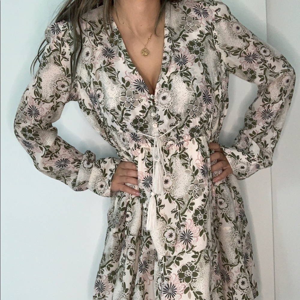 Free People Long Sleeve Beige Floral Dress